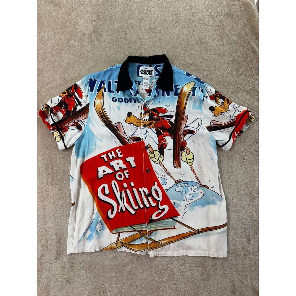 Disney Parks Goofy Art of Skiing Shirt Mens M Mickey Mouse Camp button down EUC
